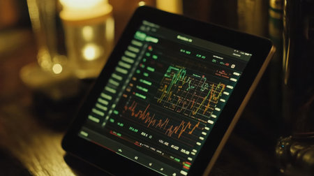 A tablet showcasing vibrant stock market data and financial charts in a dimly lit environment, ideal for traders and investors analyzing market trends and performance.の素材