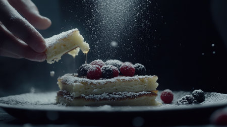 A stunning plate of pancakes adorned with a mixture of fresh berries and a light dusting of powdered sugar, complemented by a drizzle of syrup, embodying breakfast bliss.の素材