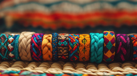 A beautifully arranged collection of colorful handcrafted bracelets showcasing intricate patterns and textures, perfect for inspiration in fashion and craft endeavors.の素材