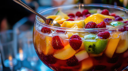 A vibrant bowl of fruit punch filled with raspberries, mango, lime, and assorted fresh fruits, perfect for summer gatherings and refreshing moments. Enjoy the colors!の素材