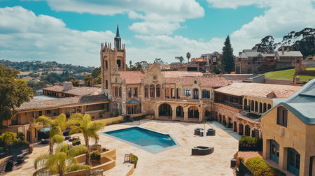 A stunning view of a grand historic mansion showcasing its elegant architecture. The property features a serene pool area and lush surroundings, ideal for leisure and relaxation.の素材