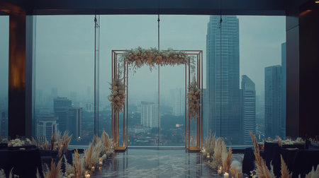 A beautifully arranged wedding ceremony scene inside a modern skyscraper, featuring a floral arch and stunning city skyline view, perfect for romantic events.の素材