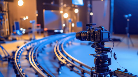 A high-quality studio setup showcasing a camera on a tripod next to a rail system, surrounded by soft lighting, emphasizing creativity and professional photography.の素材