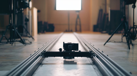 A detailed view of a camera mounted on a slider track in a film studio. The setup emphasizes equipment and lighting, creating a professional creative environment.の素材