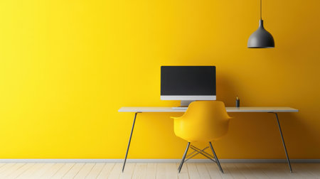 A vibrant and minimalist workspace featuring a bright yellow wall and a contemporary desk setup, creating an inspiring environment for productivity and creativity.の素材