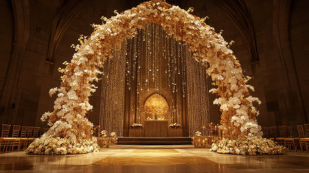 Discover a captivating indoor wedding arch adorned with delicate flowers and golden elements, creating a luxurious atmosphere perfect for a romantic ceremony.の素材