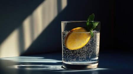 A captivating still-life image featuring sparkling water with a bright lemon slice and fresh mint, bathed in soft sunlight, perfect for promoting freshness and hydration.の素材