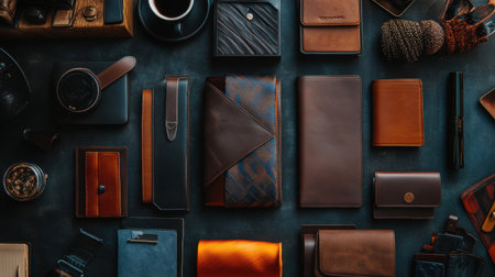 Discover a captivating flat lay of luxurious leather accessories and stationery items arranged elegantly on a dark surface, paired with a steaming cup of coffee.の素材