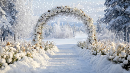 A stunning winter wedding arch adorned with delicate flowers stands amidst a serene snowy landscape, creating a perfect backdrop for a romantic ceremony.の素材