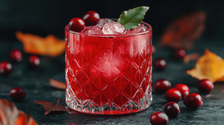 A stunning cranberry cocktail in a crystal glass, filled with ice, garnished with a leaf, and set against a dark background featuring autumn elements.の素材