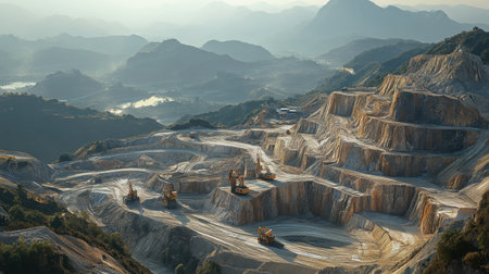 A stunning aerial view captures a mining site featuring heavy machinery excavating rock and minerals amidst a picturesque landscape bathed in soft dawn light.の素材
