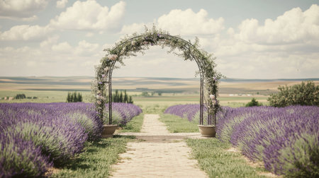A picturesque lavender field with a charming archway creates an enchanting pathway under a bright blue sky. Ideal for weddings and serene outdoor events.の素材