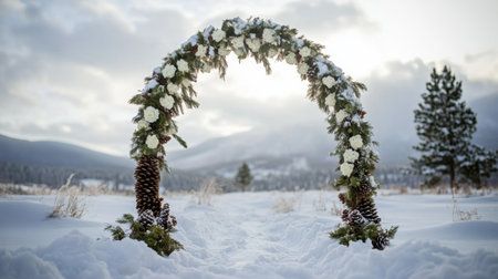 A stunning wedding arch adorned with white flowers and greenery stands majestically in a snowy landscape, creating a romantic backdrop for winter ceremonies in nature.の素材