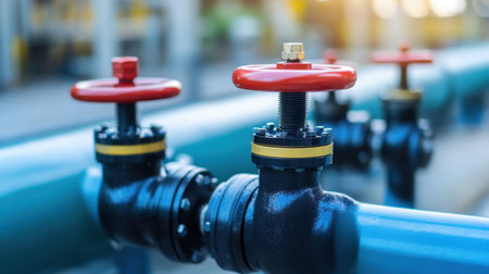 High-quality close-up image showcasing industrial pipeline valves with red handwheels, emphasizing texture and functionality in a factory setting under natural light.の素材