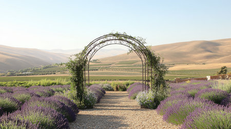 A peaceful lavender field features a charming archway under a bright blue sky, creating a serene atmosphere in a beautiful countryside landscape filled with greenery.の素材