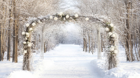 A romantic wedding arch decorated with white flowers stands in a serene winter landscape, surrounded by snow-covered trees and an inviting pathway, perfect for ceremonies.の素材