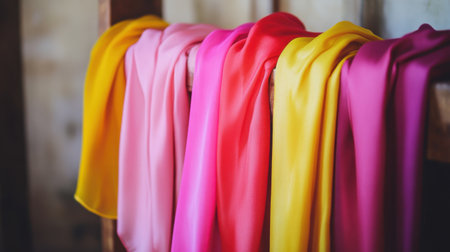 A stunning display of vibrant silk scarves in shades of pink, red, and yellow, elegantly draped on a wooden rack, captured in soft natural light.の素材