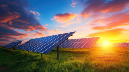 A stunning view of solar panels in a lush landscape during sunrise, showcasing a vibrant sky with colorful clouds. This image reflects sustainable energy and innovation.の素材