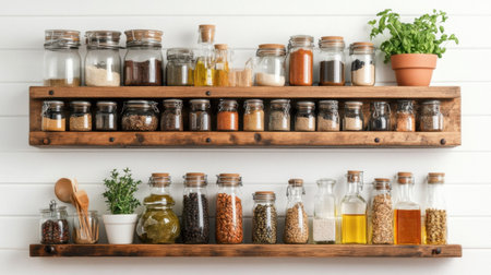 A beautifully organized kitchen display featuring wooden shelves filled with various jars and bottles of spices, herbs, oils, and grains, emphasizing functionality and style.の素材