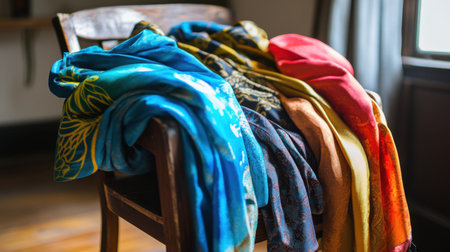 A vibrant array of scarves displayed artfully on a wooden chair, showcasing a range of colors and textures that invite warmth and creativity into any indoor space.の素材