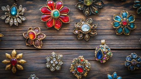 This image showcases a stunning collection of vintage brooches featuring vibrant flower designs adorned with colorful gemstones, set against a rustic wooden background.の素材
