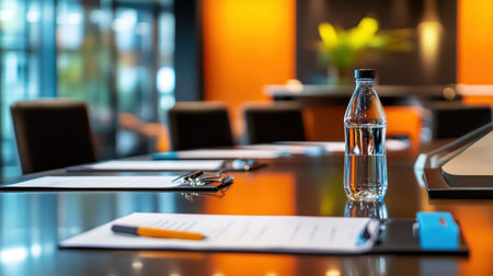 A stylish conference room ready for a business meeting with a focus on a water bottle and notepads, highlighting a professional and organized atmosphere.の素材