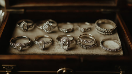 Discover a stunning assortment of silver rings, each with intricate designs and sparkling stones, elegantly displayed in a vintage jewelry box, perfect for any accessory lover.の素材