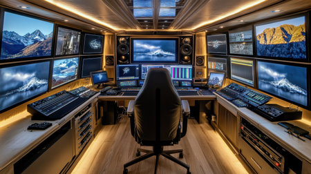 Explore an innovative multimedia control room featuring sleek design, multiple monitors, and high-tech equipment, all set against a breathtaking mountain backdrop.の素材