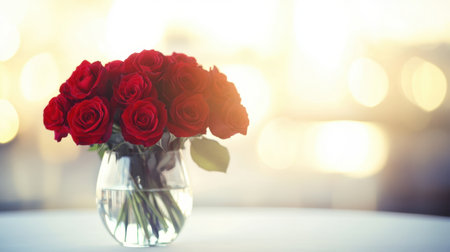 A stunning arrangement of vibrant red roses in a clear glass vase, creating a captivating focal point with a dreamy bokeh background, ideal for romantic themes.の素材