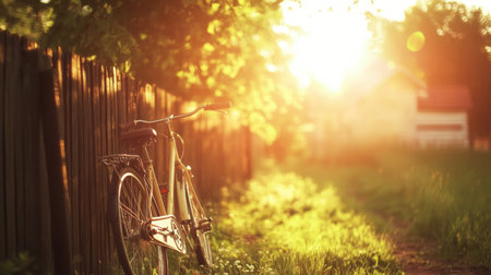 A vintage bicycle leans against a wooden fence, bathed in warm evening sunlight. The lush green grass and serene pathway create a peaceful atmosphere for relaxation and exploration.の素材