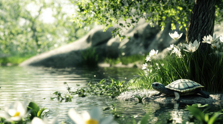 A peaceful scene featuring a turtle basking by a calm pond, surrounded by delicate white flowers and vibrant greenery, capturing the essence of nature's tranquility.の素材
