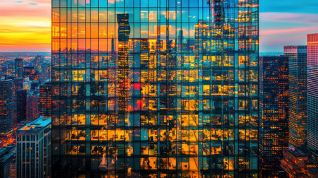 A breathtaking sunset scene showcasing a glass skyscraper reflecting a vibrant urban skyline, capturing the essence of city life and dynamic architecture.の素材