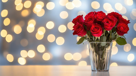 A stunning arrangement of fresh red roses in a clear glass vase, set against a softly blurred bokeh background, showcasing beauty and elegance for any special occasion.の素材