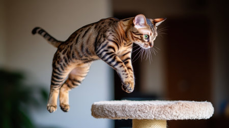 A dynamic moment captured of a Bengal cat leaping off a scratching post, embodying playfulness and agility in a cozy home setting. Perfect for animal lovers.の素材