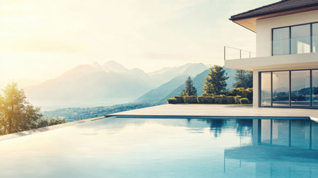 A stunning modern villa featuring an infinity pool, framed by majestic mountains and a tranquil lake at sunset, embodies elegance and relaxation in a picturesque setting.の素材