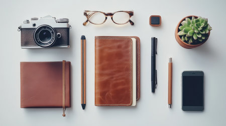 A beautifully arranged flat lay featuring a vintage camera, stylish glasses, and a leather notebook, ideal for capturing creative workspace inspiration and lifestyle vibes.の素材