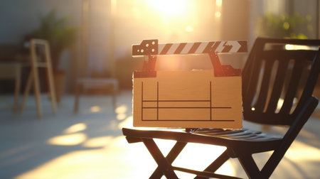 A wooden film clapboard rests on a black chair, bathed in warm sunlight. This cozy creative space features soft reflections, perfect for artistic inspiration.の素材