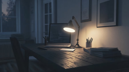 A cozy workspace featuring a laptop, a desk lamp, and a notepad in an inviting ambiance. Ideal for study, work, or creative endeavors during the night.の素材
