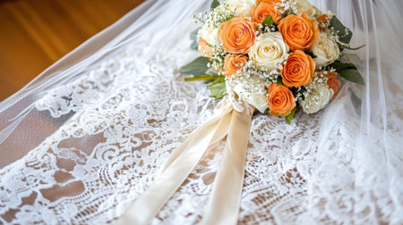 Stunning bridal bouquet featuring orange and white roses, artistically arranged on beautiful lace fabric, ideal for wedding themes and romantic moments.の素材