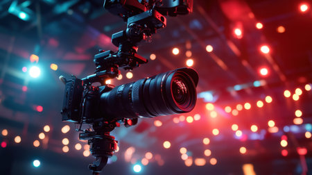 Close-up view of a professional camera mounted on a gimbal, showcasing vibrant stage lights in the background, perfect for live event photography or videography.の素材