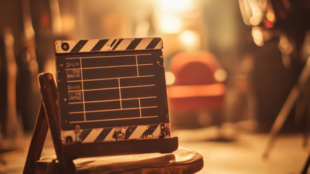 A vintage film slate rests on a chair in a warmly lit studio, capturing the essence of cinematic production. Ideal for projects related to film and creativity.の素材
