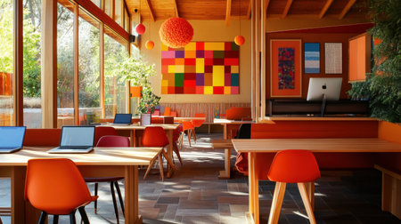 A modern cafe interior featuring bright orange furniture, colorful wall art, and ample natural light creates an inviting atmosphere for work or social gatherings.の素材