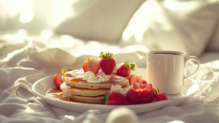 A tempting breakfast scene featuring fluffy pancakes adorned with strawberries and whipped cream, alongside a steaming cup of coffee, ideal for cozy mornings.の素材