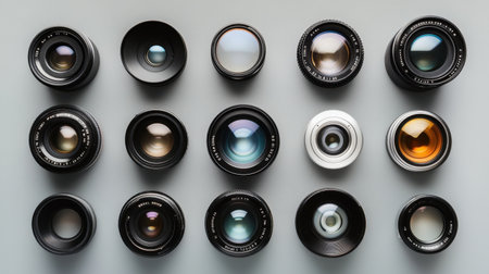A captivating display of various camera lenses arranged neatly on a surface, showcasing their unique designs and optical capabilities for photography lovers.の素材