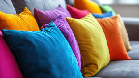 A beautiful array of colorful cushions on a stylish sofa creates a warm and inviting atmosphere in a bright living room, perfect for relaxation and comfort.の素材