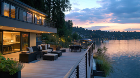 A stunning modern waterfront home showcasing a stylish patio and a vibrant sunset over the lake, creating a serene atmosphere for relaxation and outdoor enjoyment.の素材