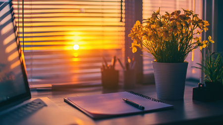 A cozy evening workspace featuring a laptop, notepad, and vibrant yellow flowers, illuminated by the warm glow of a sunset filtering through blinds.の素材