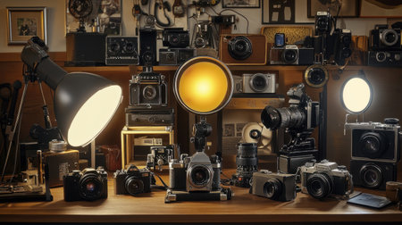 A captivating arrangement of various antique cameras and photography equipment displayed on a wooden table, illuminated by warm lights, showcasing vintage artistry and craftsmanship.の素材