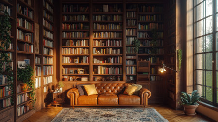 A beautifully designed library featuring a comfortable leather sofa, surrounded by expansive book shelves and bathed in warm natural light, perfect for a quiet reading nook.の素材