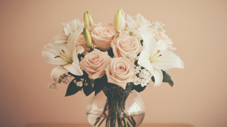 A charming floral arrangement featuring soft pink roses and elegant white lilies in a contemporary glass vase, perfect for enhancing interior spaces and celebrations.の素材